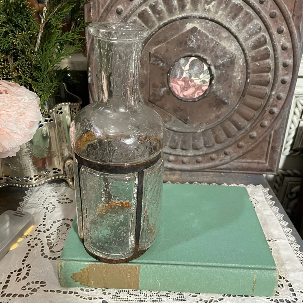 Vintage Pulegoso clear bubble Glass bottle Rustic metal French country cottage